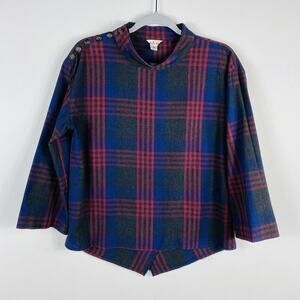 Cousin Earl Size Small Plaid Cotton Split Back Top Red Black Navy Blue